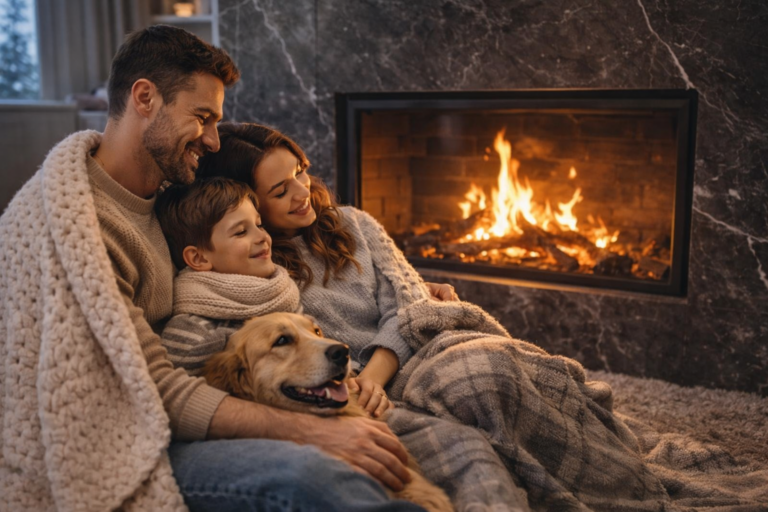 family and fireplace